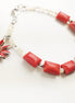 Red Stone Silver Bracelet, Fashion Bracelet, Sterling Silver Red Stones, Genuine White Round Shell Pearls, Red Agater Stone Flower Charm