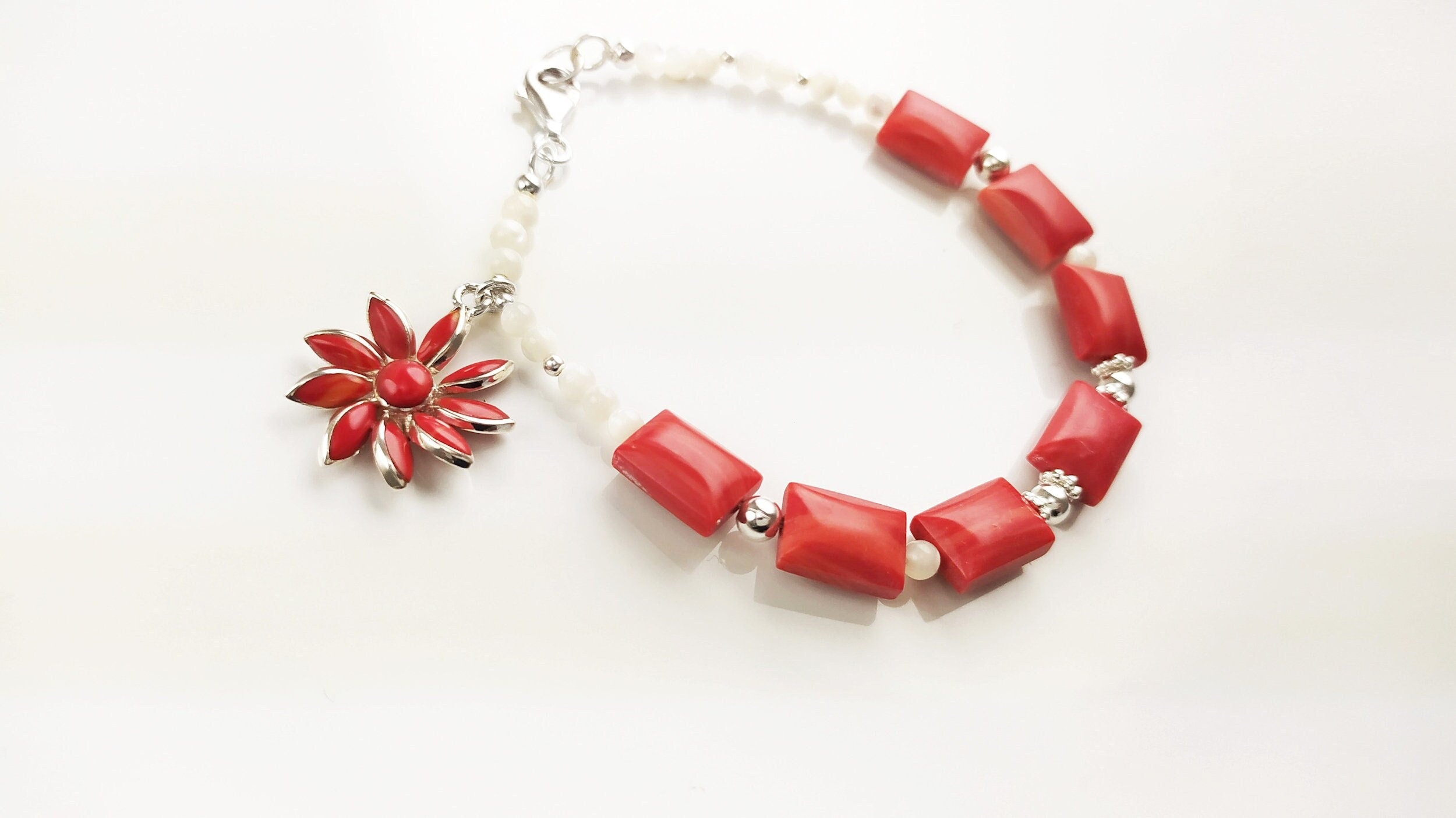 Red Stone Silver Bracelet, Fashion Bracelet, Sterling Silver Red Stones, Genuine White Round Shell Pearls, Red Agater Stone Flower Charm