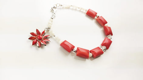 Red Stone Silver Bracelet, Fashion Bracelet, Sterling Silver Red Stones, Genuine White Round Shell Pearls, Red Agater Stone Flower Charm