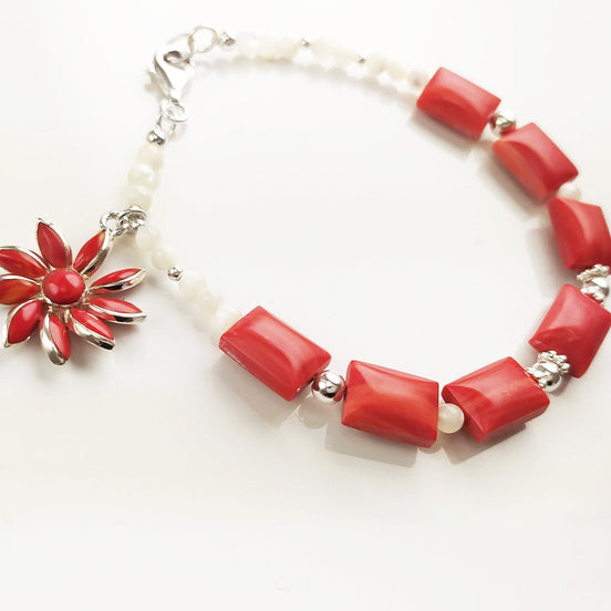 Red Stone Silver Bracelet, Fashion Bracelet, Sterling Silver Red Stones, Genuine White Round Shell Pearls, Red Agater Stone Flower Charm