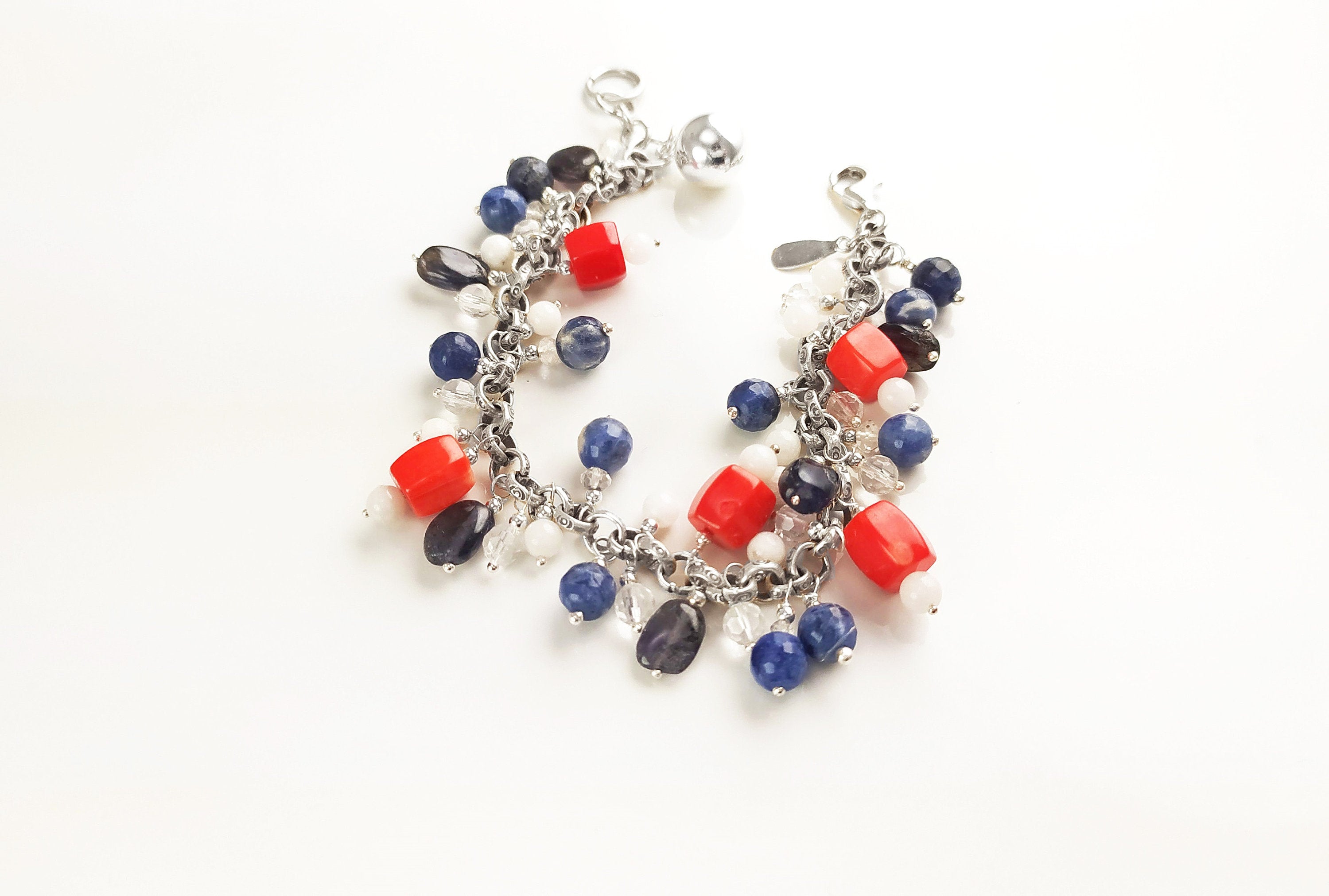 Three Colors Gemstone Sterling Silver Bracelet, Blue White Red Color Gemstone Bracelet, Mix Color Bracelet, Mix Gemstone Bracelet.925 Silver
