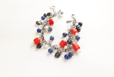 Three Colors Gemstone Sterling Silver Bracelet, Blue White Red Color Gemstone Bracelet, Mix Color Bracelet, Mix Gemstone Bracelet.925 Silver