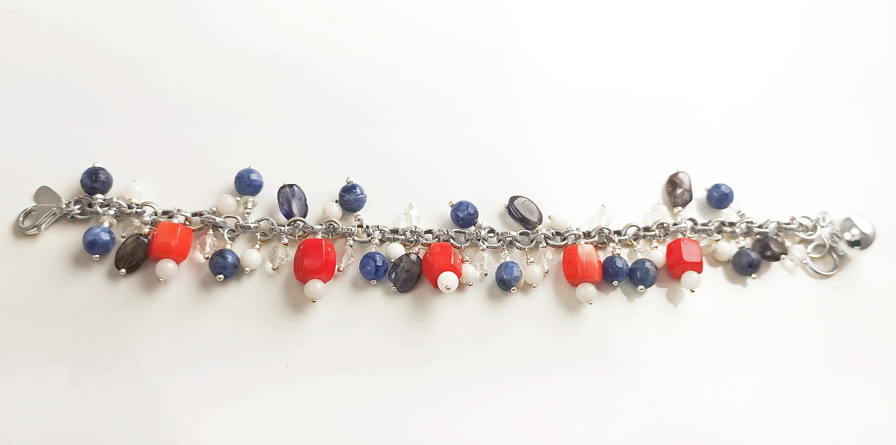 Three Colors Gemstone Sterling Silver Bracelet, Blue White Red Color Gemstone Bracelet, Mix Color Bracelet, Mix Gemstone Bracelet.925 Silver