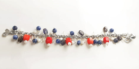 Three Colors Gemstone Sterling Silver Bracelet, Blue White Red Color Gemstone Bracelet, Mix Color Bracelet, Mix Gemstone Bracelet.925 Silver