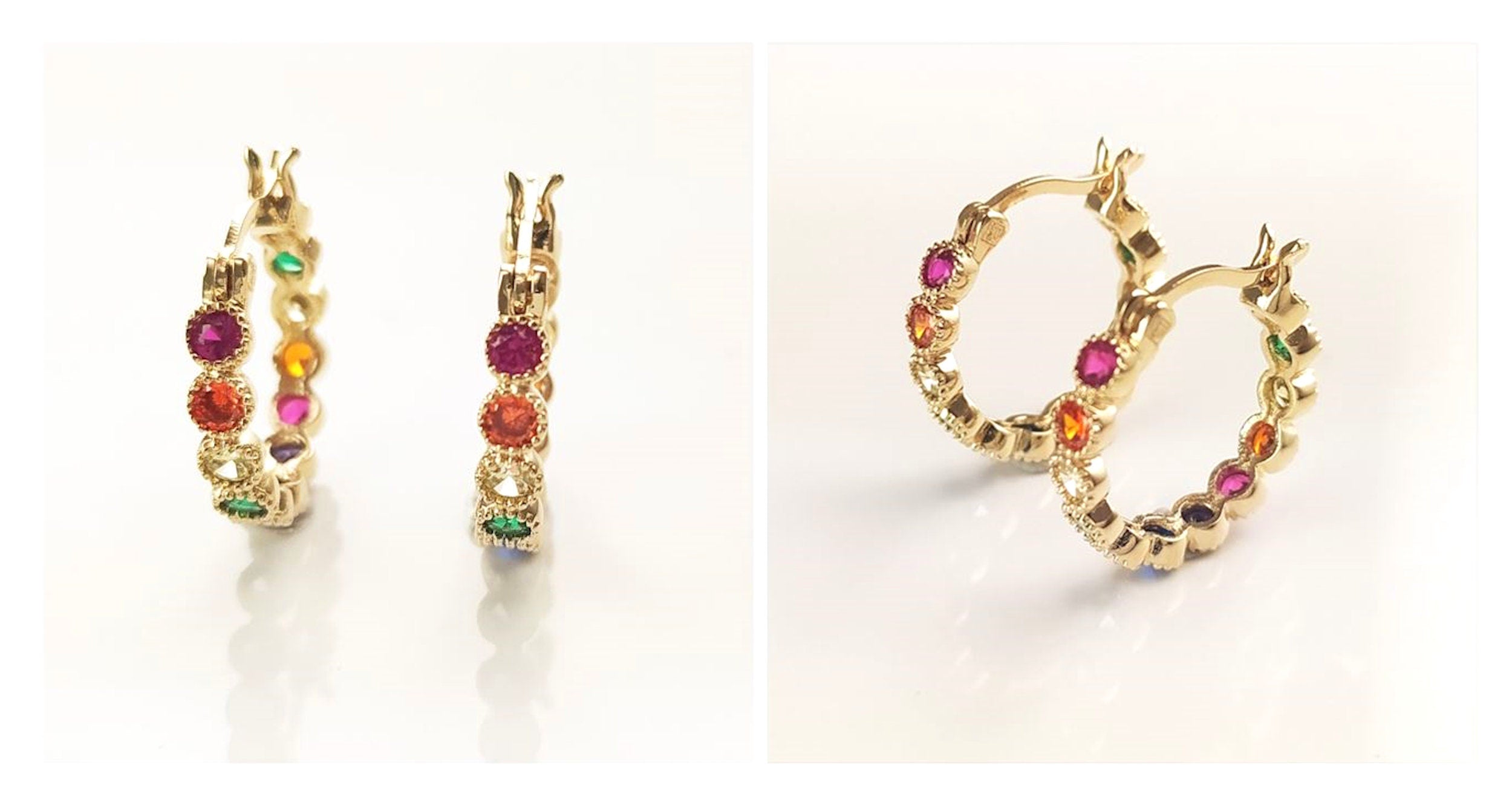 Rainbow Small Hoops Earrings, multicolored hoop Earrings Golden 18K gold plated, details multi views