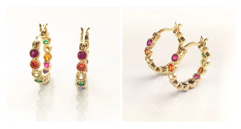 Rainbow Small Hoops Earrings, multicolored hoop Earrings Golden 18K gold plated, details multi views