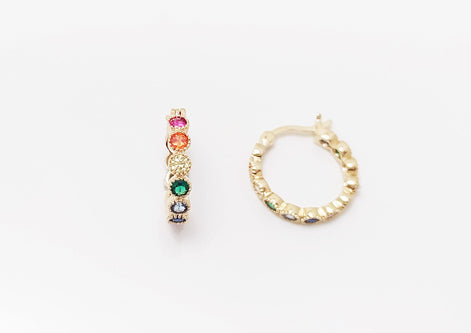 Rainbow Small Hoops Earrings, multicolored hoop Earrings Golden 18K gold plated, front and side views