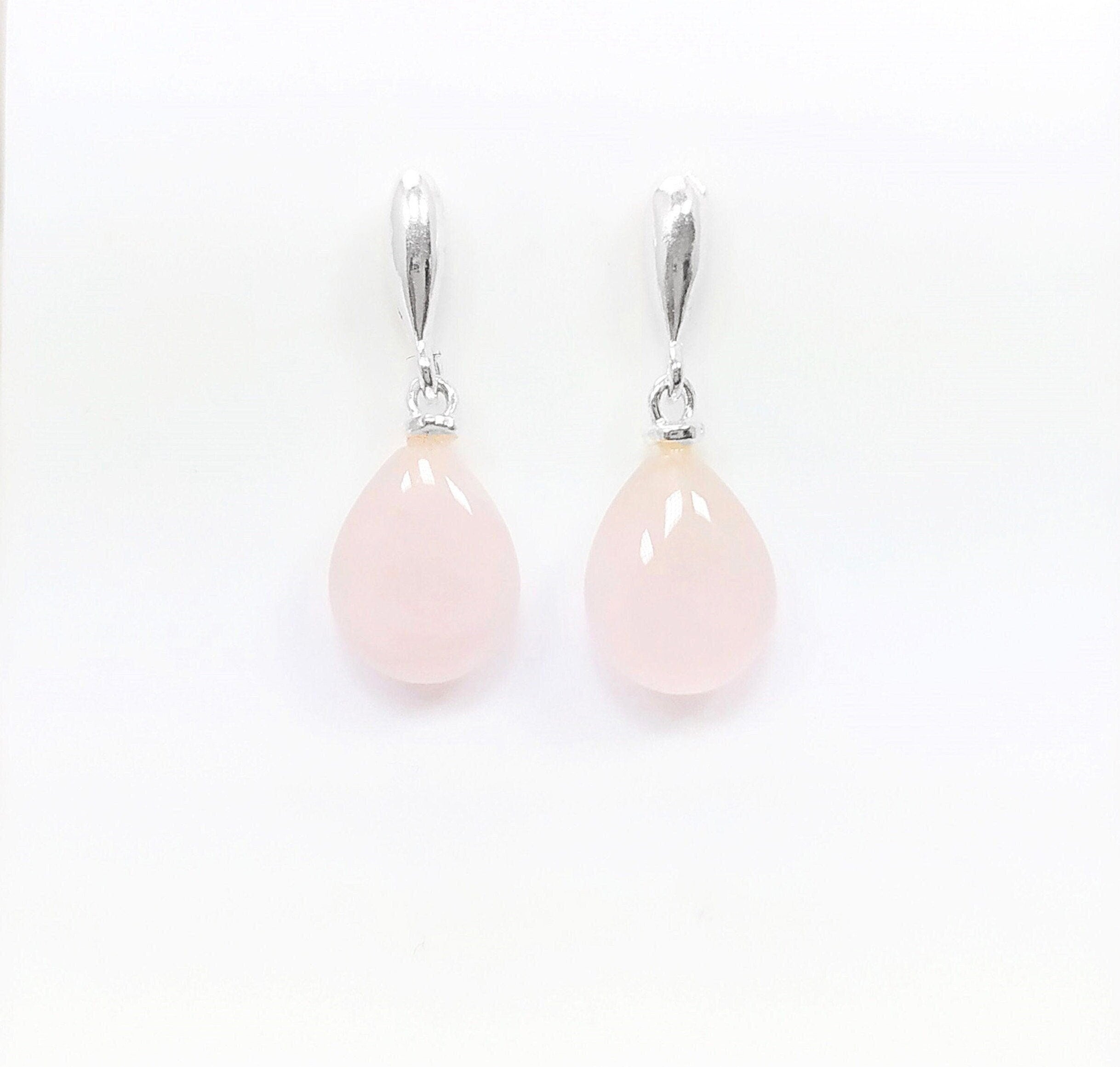 Rose Quartz Earrings Sterling Silver 925, Pink Quartz Oval Stone Earrings, Dangle Stud Earrings, Small Teardrop.