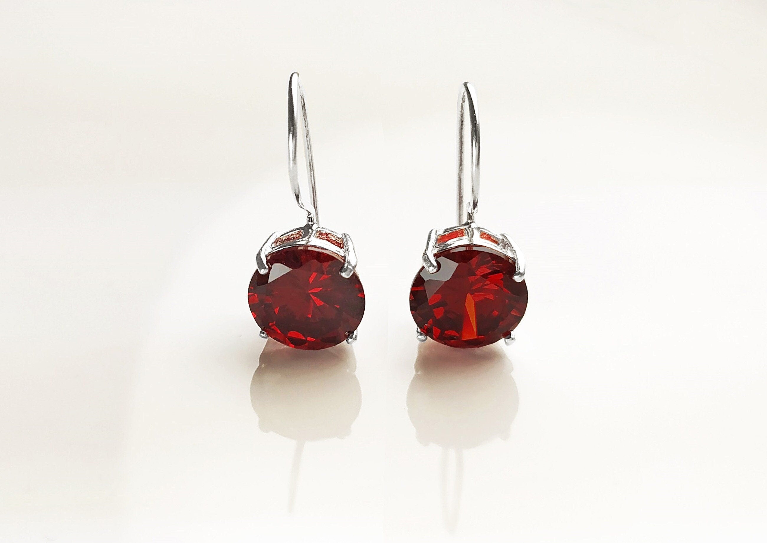 Red cz 925 Silver Dangle Earrings, RED Solitaire Stone Earrings, 6ct Lab Diamonds simulant (CZ), Birthday gift, Sterling Silver Jewelry.