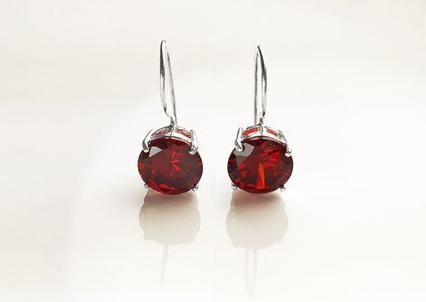 Red cz 925 Silver Dangle Earrings, RED Solitaire Stone Earrings, 6ct Lab Diamonds simulant (CZ), Birthday gift, Sterling Silver Jewelry.
