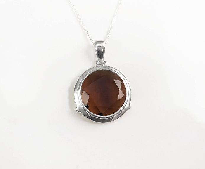 925 Brown Smoky Quartz Stone, Round Silver Pendant, Sterling Silver, Manmade Deep Brown Colored Cz Stone, Statement Big Round, Necklace Gift