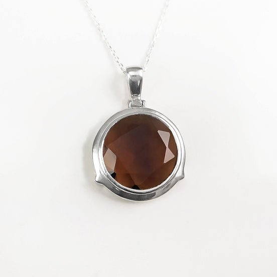 925 Brown Smoky Quartz Stone, Round Silver Pendant, Sterling Silver, Manmade Deep Brown Colored Cz Stone, Statement Big Round, Necklace Gift