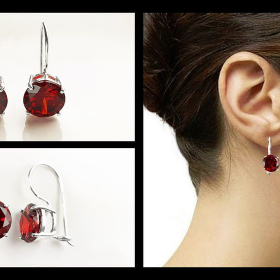 Red cz 925 Silver Dangle Earrings, RED Solitaire Stone Earrings, 6ct Lab Diamonds simulant (CZ), Birthday gift, Sterling Silver Jewelry.