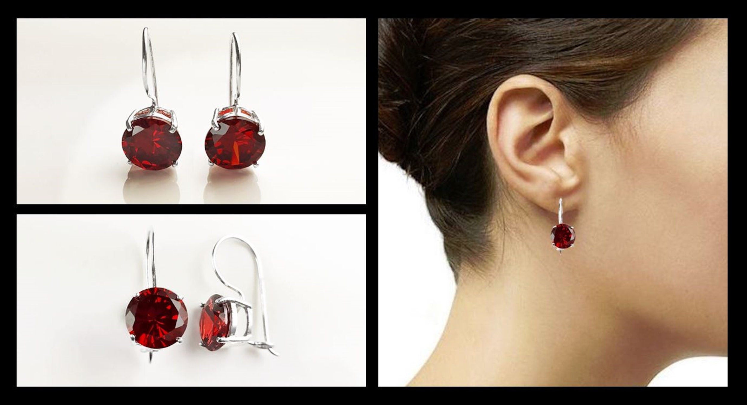 Red cz 925 Silver Dangle Earrings, RED Solitaire Stone Earrings, 6ct Lab Diamonds simulant (CZ), Birthday gift, Sterling Silver Jewelry.