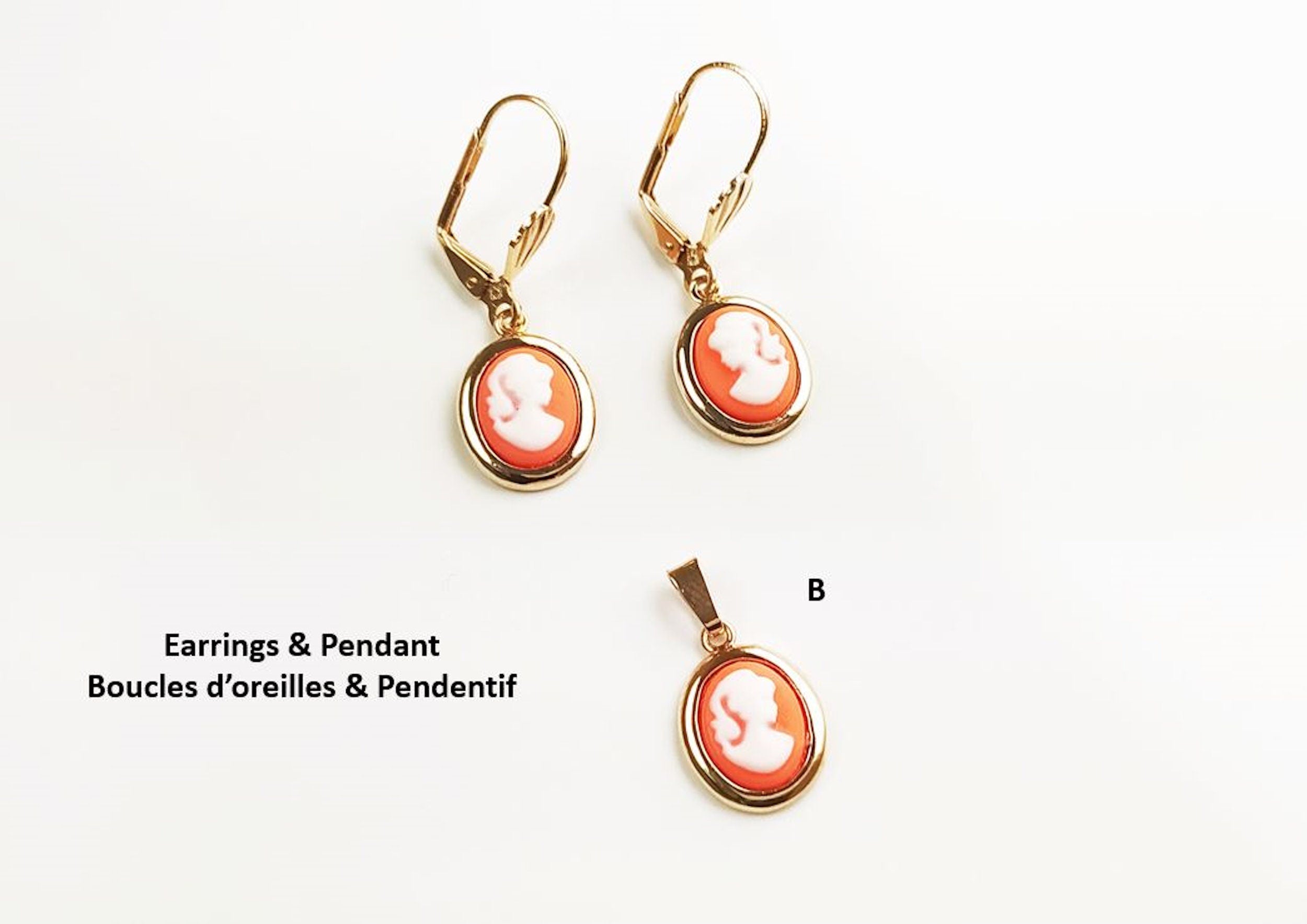 Cameo Pendant - Plated Gold - Red and white Resin stone - woman face portrait cameo - Vintage necklace charm - Victorian Jewelry gift