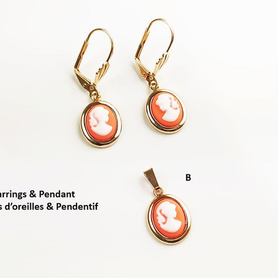 Cameo Pendant - Plated Gold - Red and white Resin stone - woman face portrait cameo - Vintage necklace charm - Victorian Jewelry gift