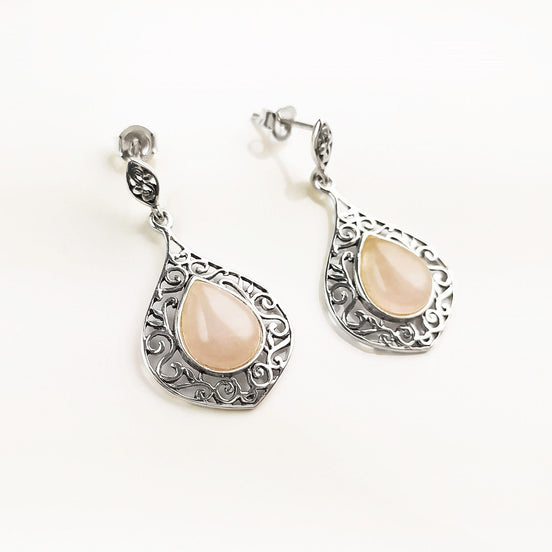 Rose Quartz Vintage Style, Pink Quartz Earrings, Sterling Silver, Genuine Rose Quartz Stone Earrings, Gemstone Earrings, Birthstone Jewelry
