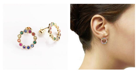 18K Gold Plated Stud Earrings, Rainbow CZ Gemstones