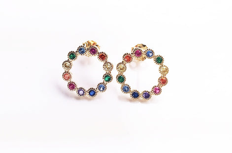 18K Gold Plated Stud Earrings, Rainbow CZ Gemstones