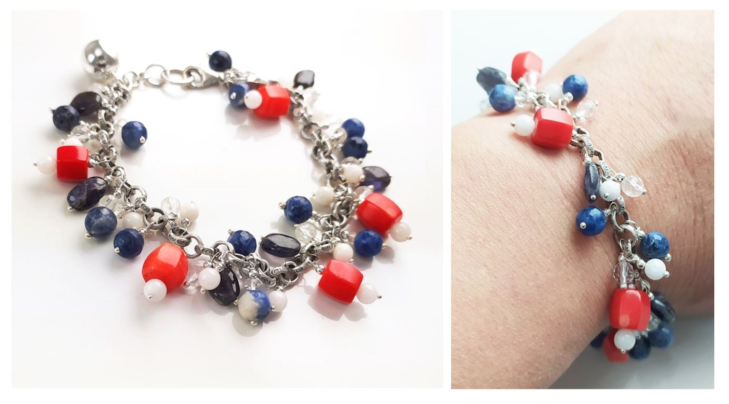Three Colors Gemstone Sterling Silver Bracelet, Blue White Red Color Gemstone Bracelet, Mix Color Bracelet, Mix Gemstone Bracelet.925 Silver