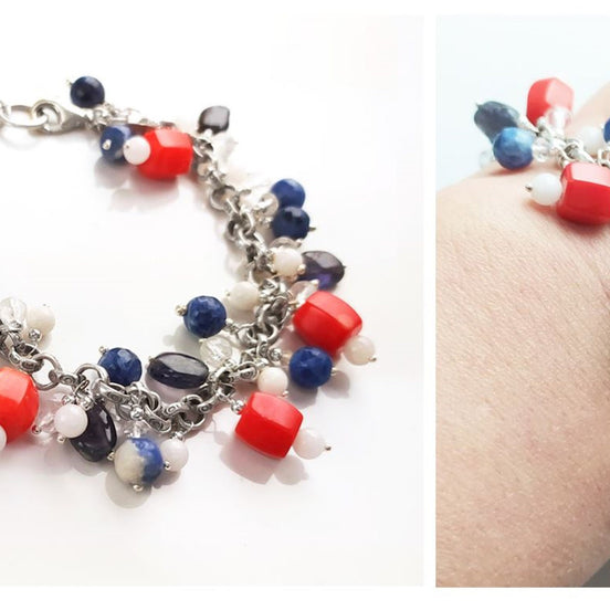 Three Colors Gemstone Sterling Silver Bracelet, Blue White Red Color Gemstone Bracelet, Mix Color Bracelet, Mix Gemstone Bracelet.925 Silver