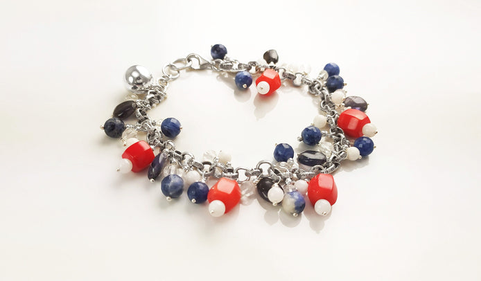 Three Colors Gemstone Sterling Silver Bracelet, Blue White Red Color Gemstone Bracelet, Mix Color Bracelet, Mix Gemstone Bracelet.925 Silver