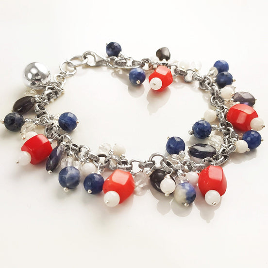 Three Colors Gemstone Sterling Silver Bracelet, Blue White Red Color Gemstone Bracelet, Mix Color Bracelet, Mix Gemstone Bracelet.925 Silver