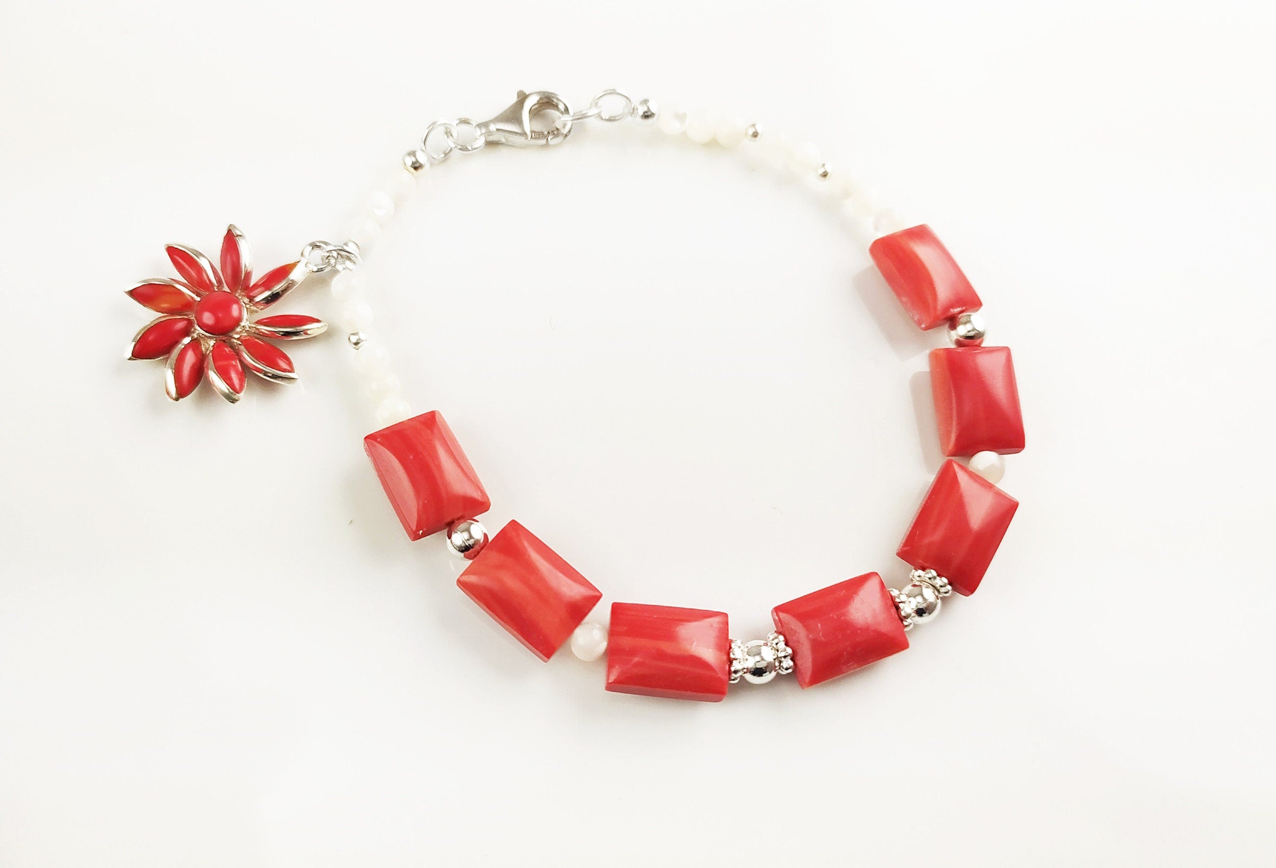 Red Stone Silver Bracelet, Fashion Bracelet, Sterling Silver Red Stones, Genuine White Round Shell Pearls, Red Agater Stone Flower Charm