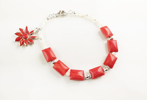 Red Stone Silver Bracelet, Fashion Bracelet, Sterling Silver Red Stones, Genuine White Round Shell Pearls, Red Agater Stone Flower Charm