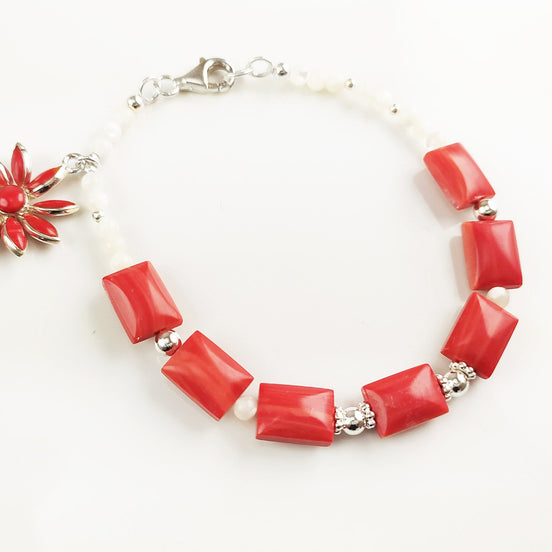 Red Stone Silver Bracelet, Fashion Bracelet, Sterling Silver Red Stones, Genuine White Round Shell Pearls, Red Agater Stone Flower Charm