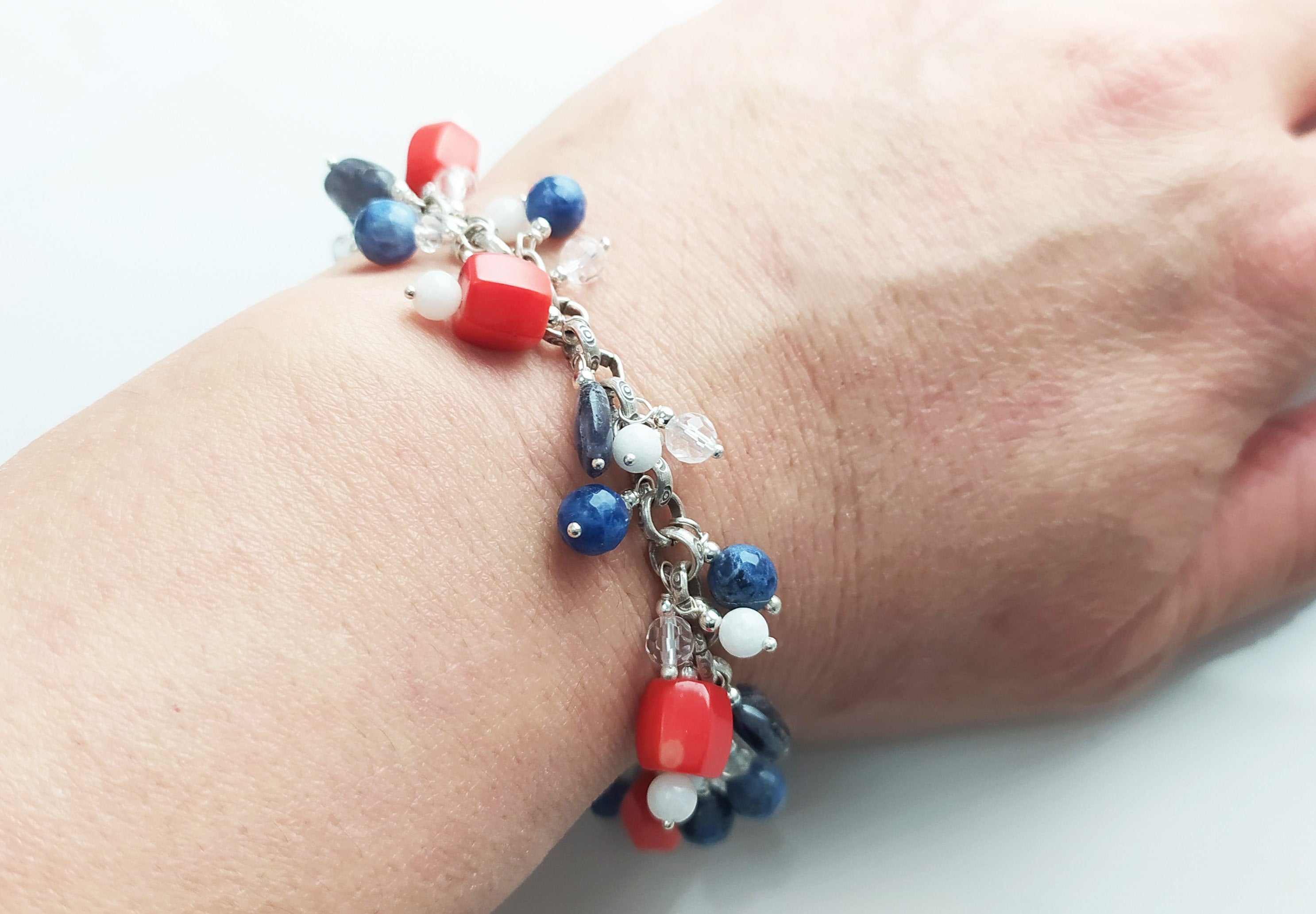 Three Colors Gemstone Sterling Silver Bracelet, Blue White Red Color Gemstone Bracelet, Mix Color Bracelet, Mix Gemstone Bracelet.925 Silver