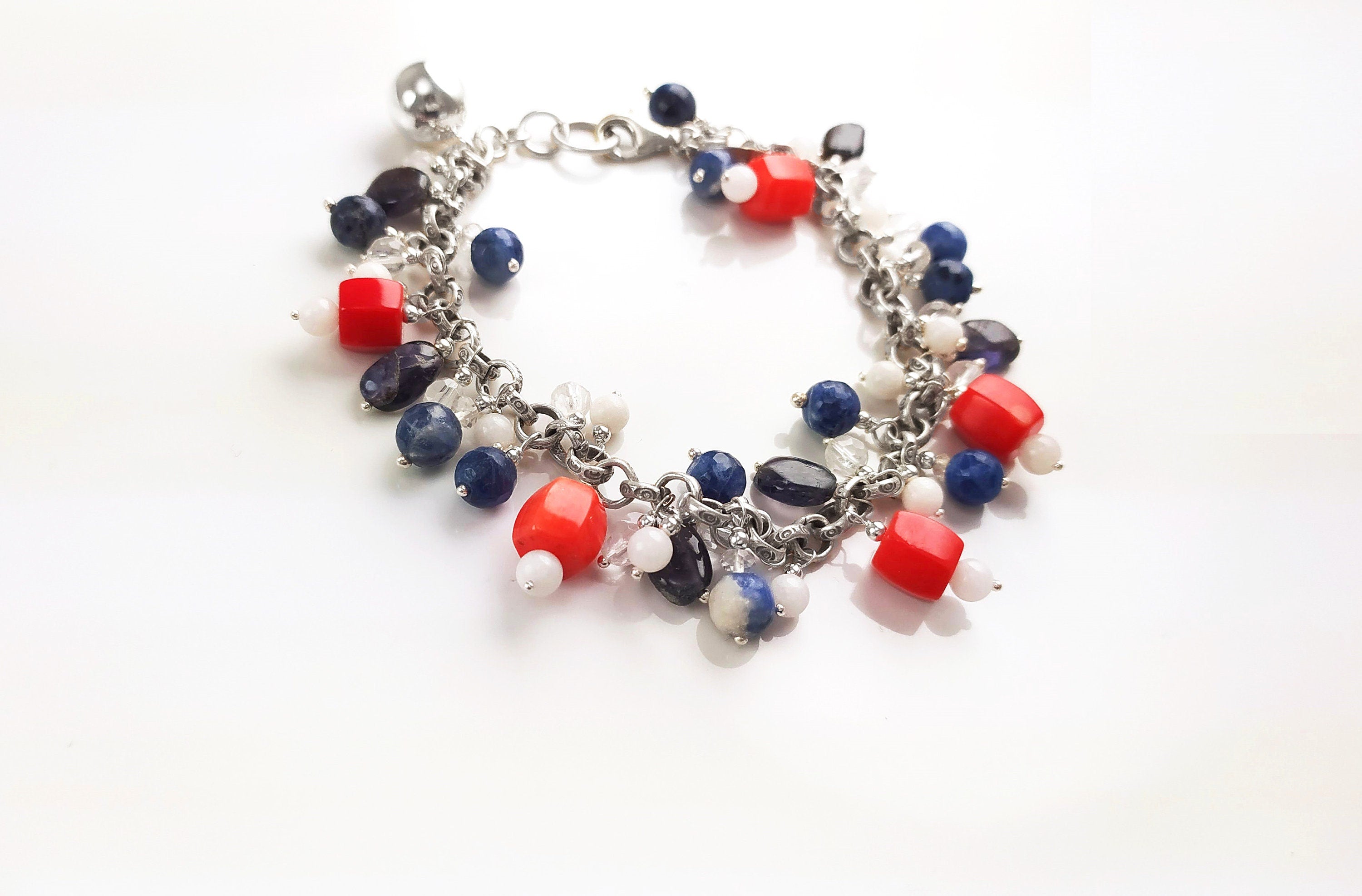 Three Colors Gemstone Sterling Silver Bracelet, Blue White Red Color Gemstone Bracelet, Mix Color Bracelet, Mix Gemstone Bracelet.925 Silver