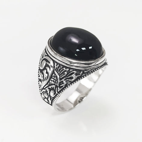 925 Hipster Tribal Ring Sterling Silver, Baroque Vintage Ring, Oval Stone Ring, Engraved Medieval Ring, Unisex Gothic Pirate jewelry