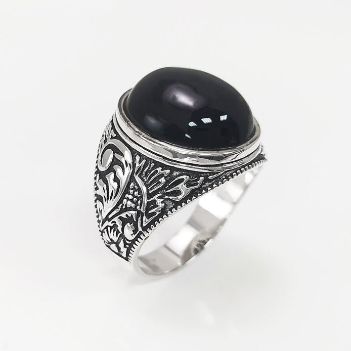 925 Hipster Tribal Ring Sterling Silver, Baroque Vintage Ring, Oval Stone Ring, Engraved Medieval Ring, Unisex Gothic Pirate jewelry