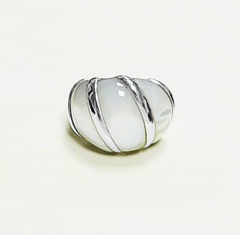 White Domed Ring, Sterling Silver, Mother-of-Pearl Shell Ring, Statement jewelry, Wide stone large band ring, Pearl Ring
