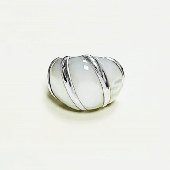 White Domed Ring, Sterling Silver, Mother-of-Pearl Shell Ring, Statement jewelry, Wide stone large band ring, Pearl Ring