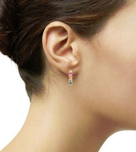 Rainbow Small Hoops Earrings worn on woman ear