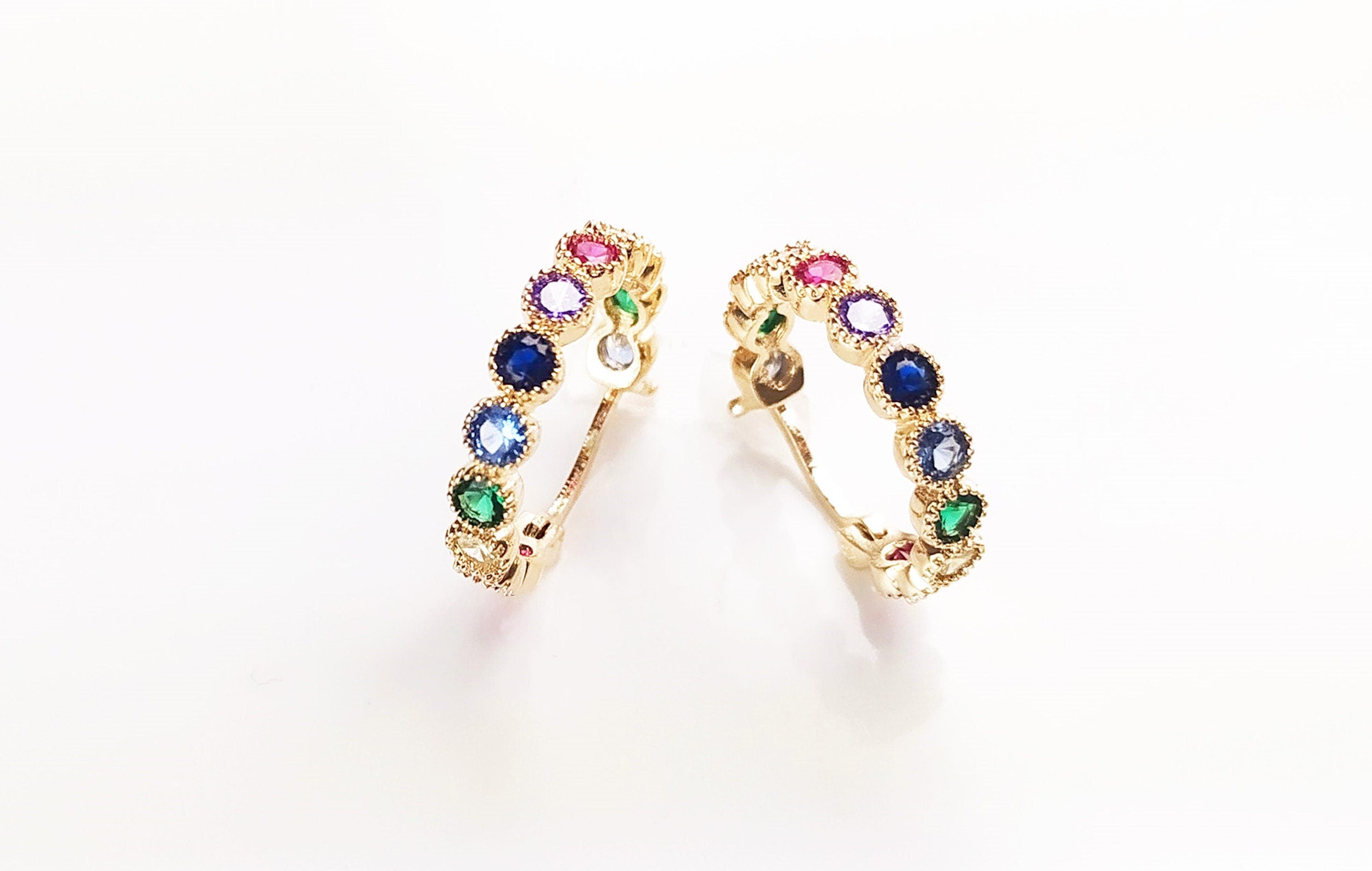 Rainbow Small Hoops Earrings, Mix stones Color Earrings Golden 18K gold plated