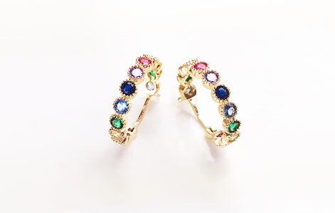 Rainbow Small Hoops Earrings, Mix stones Color Earrings Golden 18K gold plated