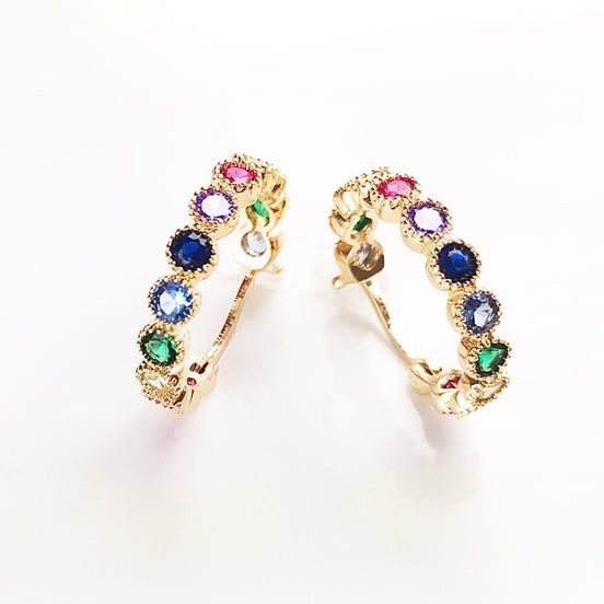 Rainbow Small Hoops Earrings, Mix stones Color Earrings Golden 18K gold plated