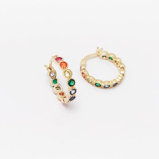 Rainbow Small Hoops Earrings, Mix Color Earrings Golden 18K gold plated, set with sparkling cubic zirconia multicolored Cz stones