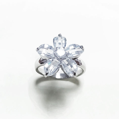 Flower Ring Sterling Silver 925, Clear white Stones color faceted Zirconia Cz , Modern Five Petals Stone Flowers Jewelry
