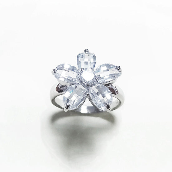 Flower Ring Sterling Silver 925, Clear white Stones color faceted Zirconia Cz , Modern Five Petals Stone Flowers Jewelry