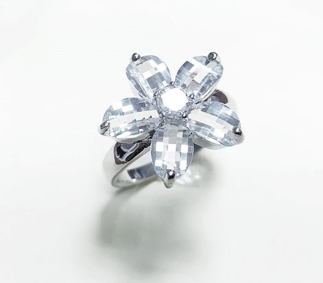 Flower Ring Sterling Silver 925, Clear white Stones color faceted Zirconia Cz , Modern Five Petals Stone Flowers Jewelry