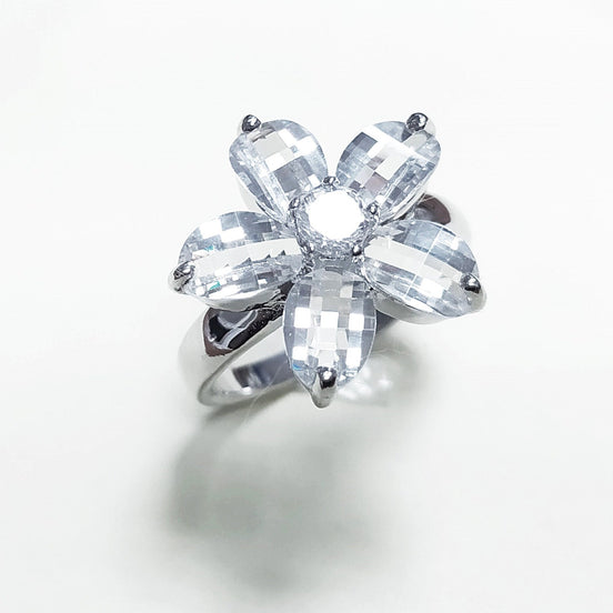 Flower Ring Sterling Silver 925, Clear white Stones color faceted Zirconia Cz , Modern Five Petals Stone Flowers Jewelry