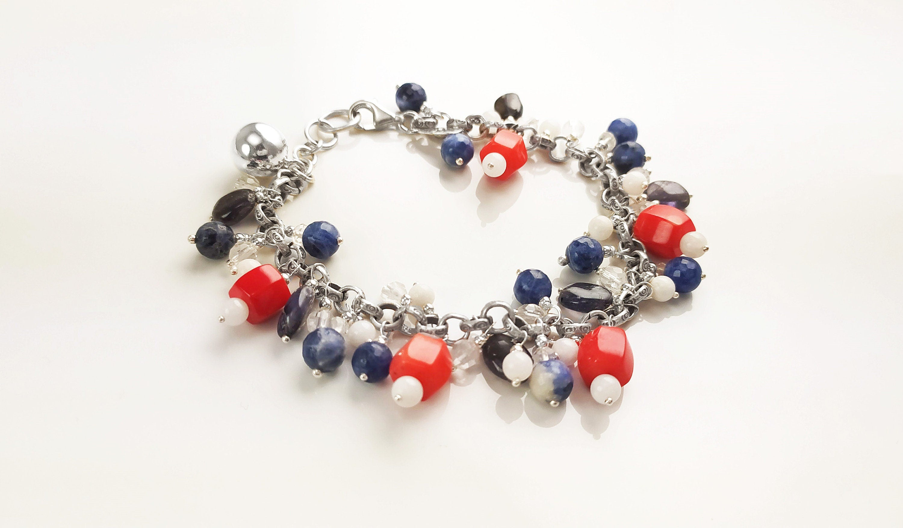Three Colors Gemstone Sterling Silver Bracelet, Blue White Red Color Gemstone Bracelet, Mix Color Bracelet, Mix Gemstone Bracelet.925 Silver