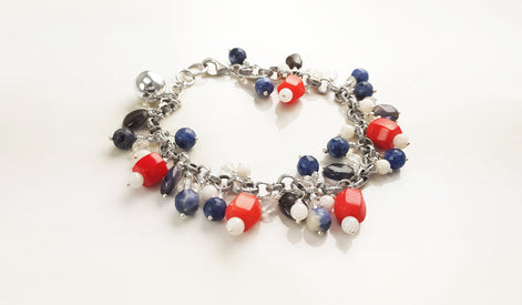 Three Colors Gemstone Sterling Silver Bracelet, Blue White Red Color Gemstone Bracelet, Mix Color Bracelet, Mix Gemstone Bracelet.925 Silver