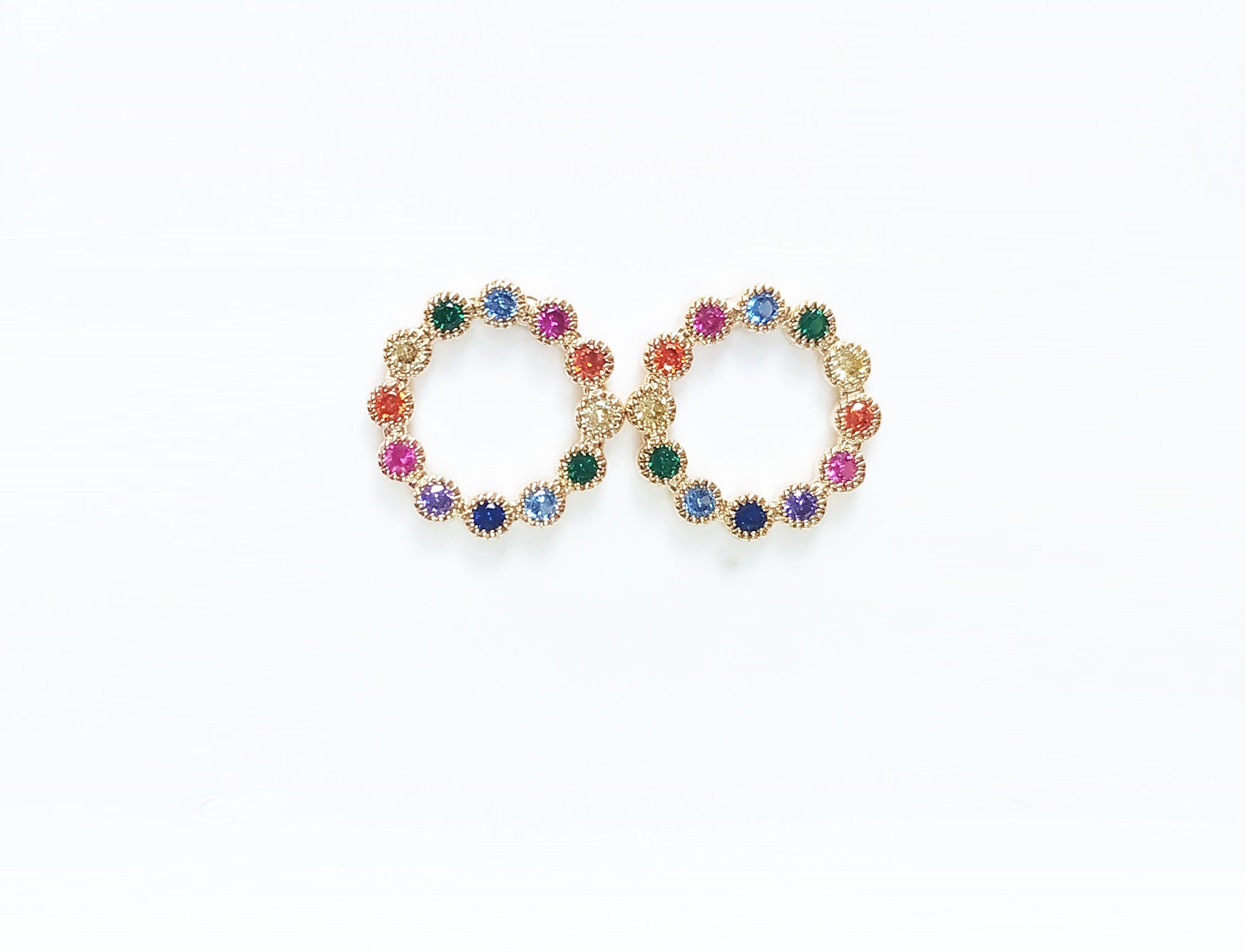 18K Gold Plated Stud Earrings, Rainbow CZ Gemstones