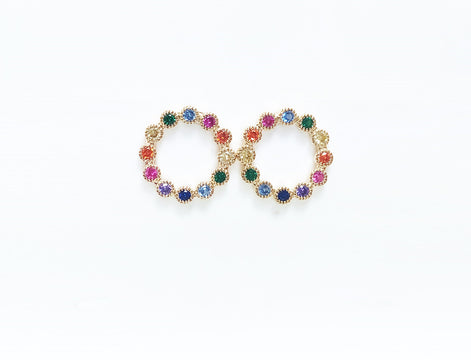 18K Gold Plated Stud Earrings, Rainbow CZ Gemstones