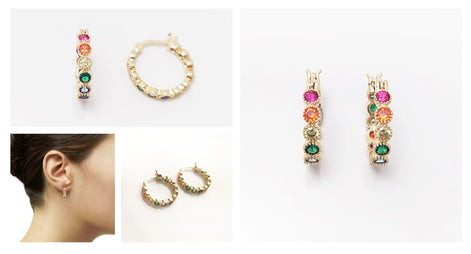 Rainbow Small Hoops Earrings, multicolored hoop Earrings Golden 18K gold plated, multi views and worn view